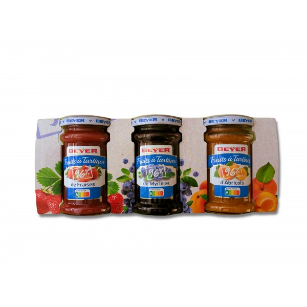 Beyer Jam assortiment 3-pack 96% fruit , aardbei, bosbes, abrikoos, samenwerking met CEED instituut diabetes, ook geschikt voor het keto dieet, Kadoverpakking, suiker arm